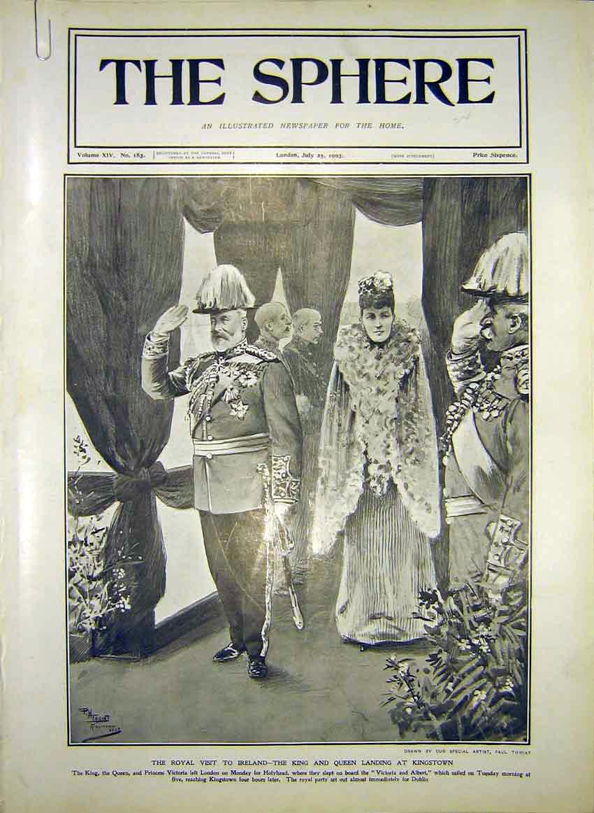 Original Old Antique Print Royal Visit Ireland King Queen Kingstown 1903 20th