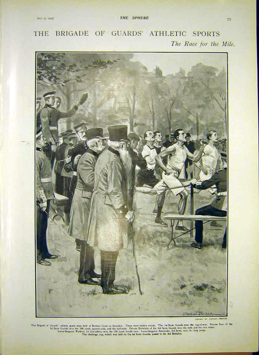 Original Old Antique Print Brigade Guards Athletic Sports Race 1903 20th Century