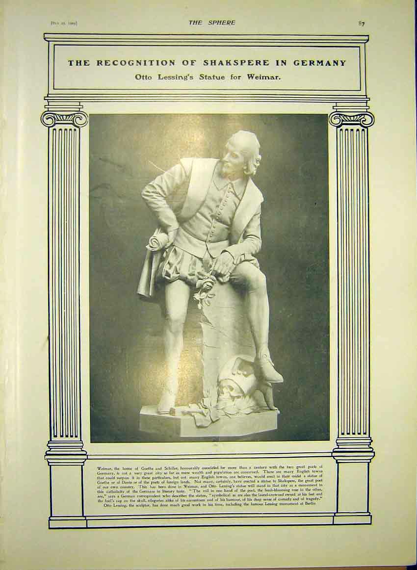 Original Old Antique Print Shakespeare Statue Germany Weimar Lessing 1903 20th