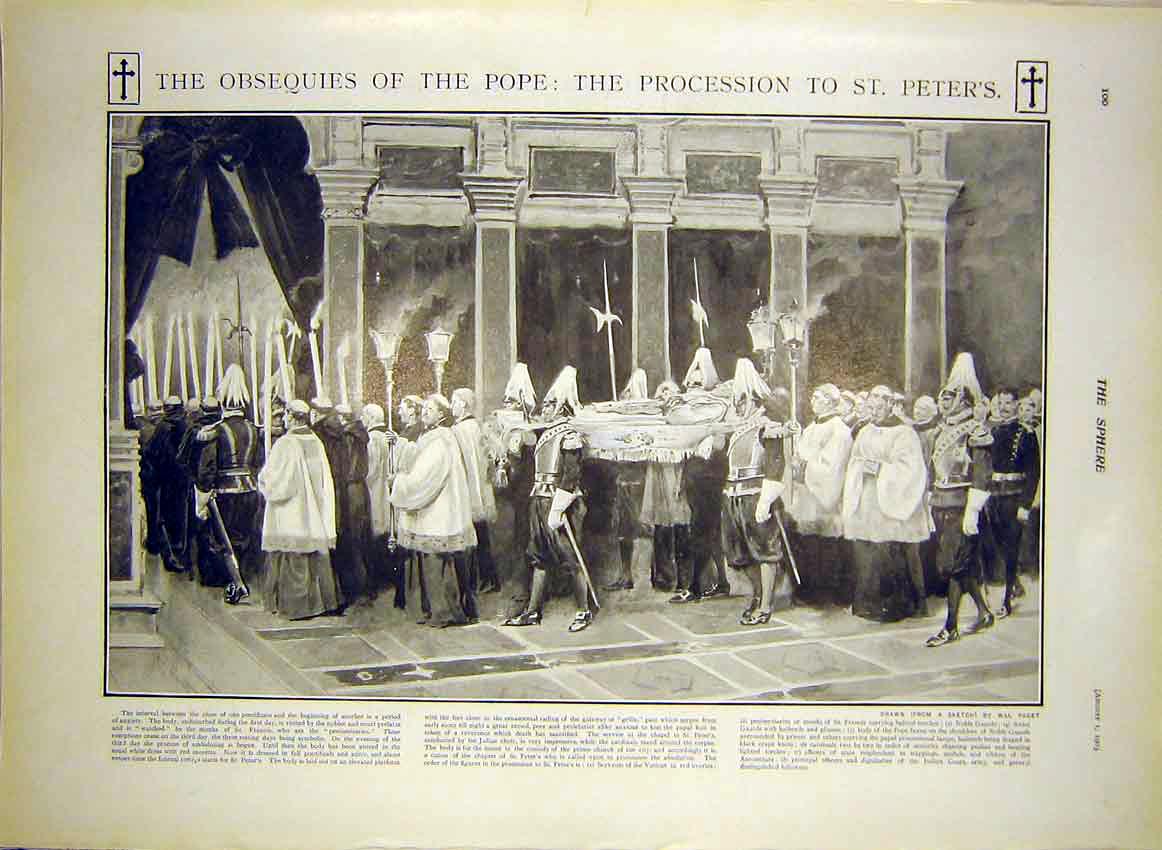 Original Old Antique Print Pope Funeral Procession Rome Obsequies Paget 1903