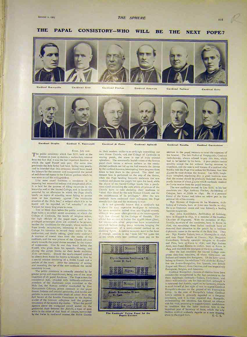 Original Old Antique Print Papal Pope Cardinal Portrait America Cup Yacht 1903