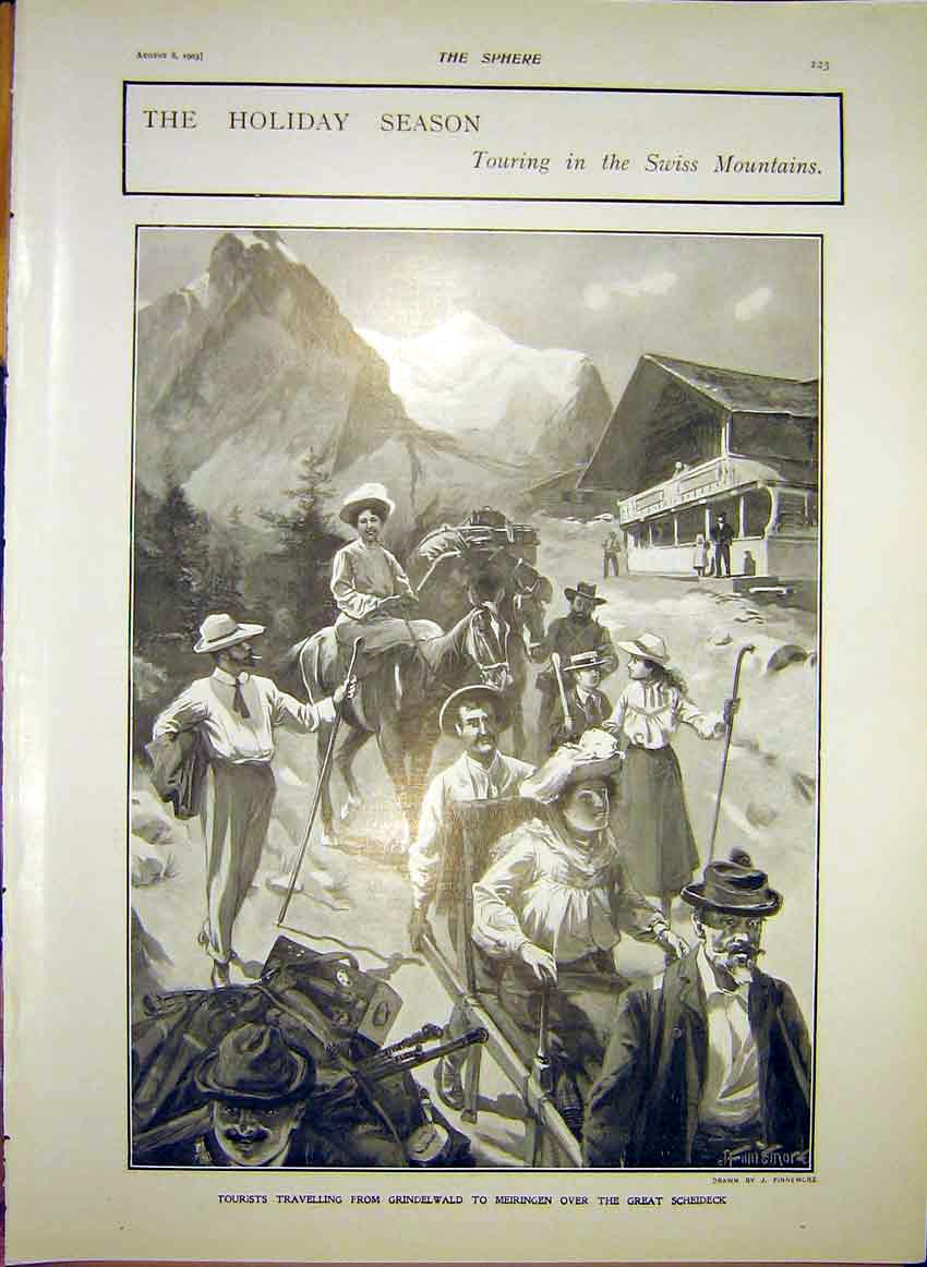 Original Old Antique Print Swiss Mountains Holiday Scheideck Tourists 1903 20th