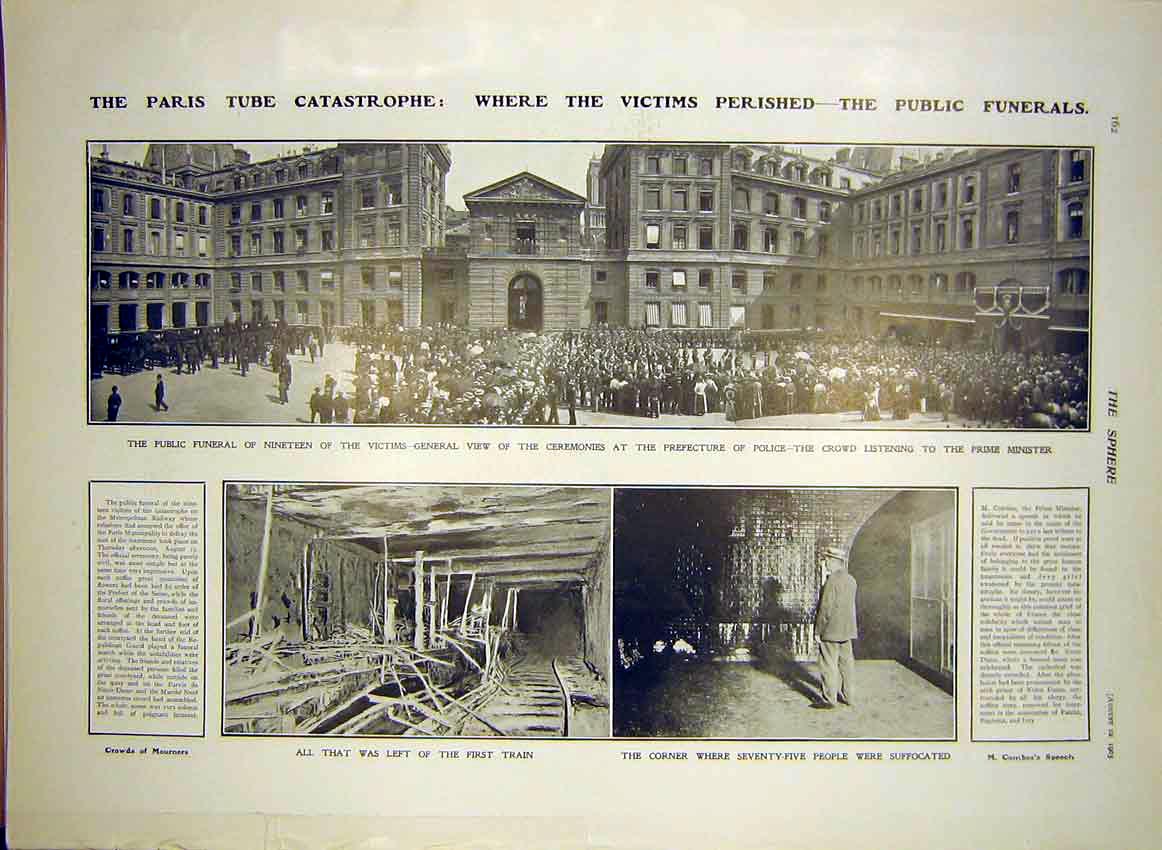 Original Old Antique Print Paris Tube Public Funeral Train Catastrophe 1903 20th