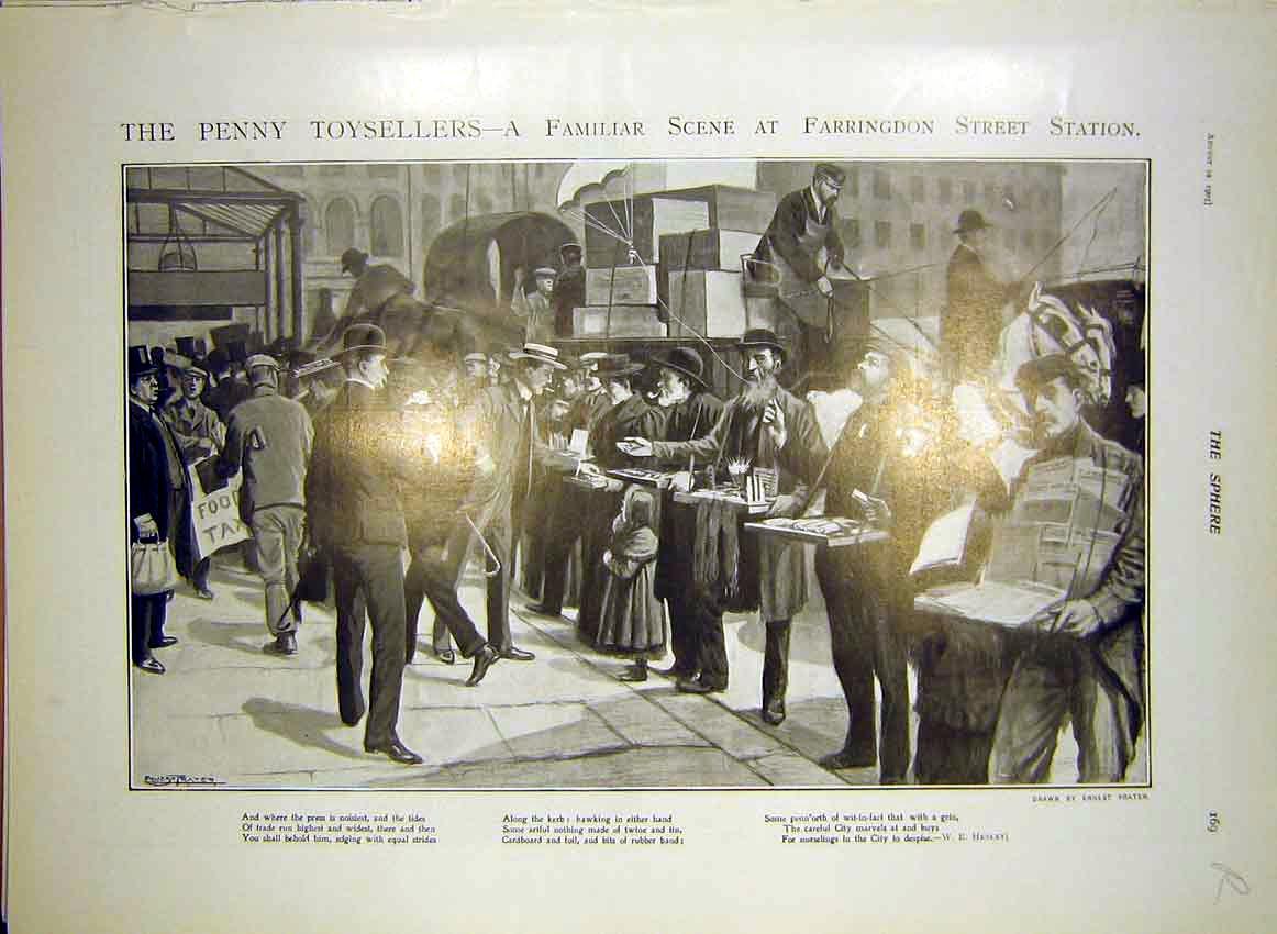 Original Old Antique Print Penny Toysellers Station Flood America Breslau 1903