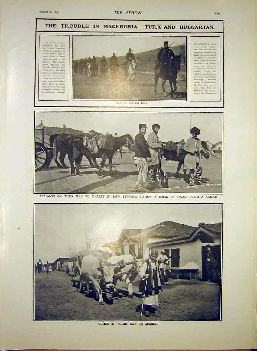 Original Old Antique Print Macedonia Turk Bulgarian Peasants Market 1903 20th