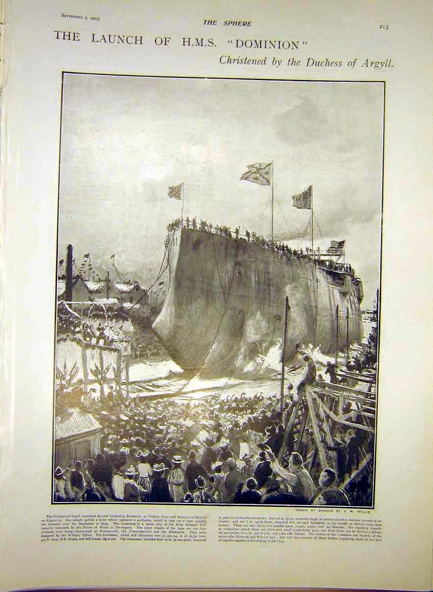 Original Old Antique Print Hms Dominion Ship Launch Duchess Argyll 1903 20th