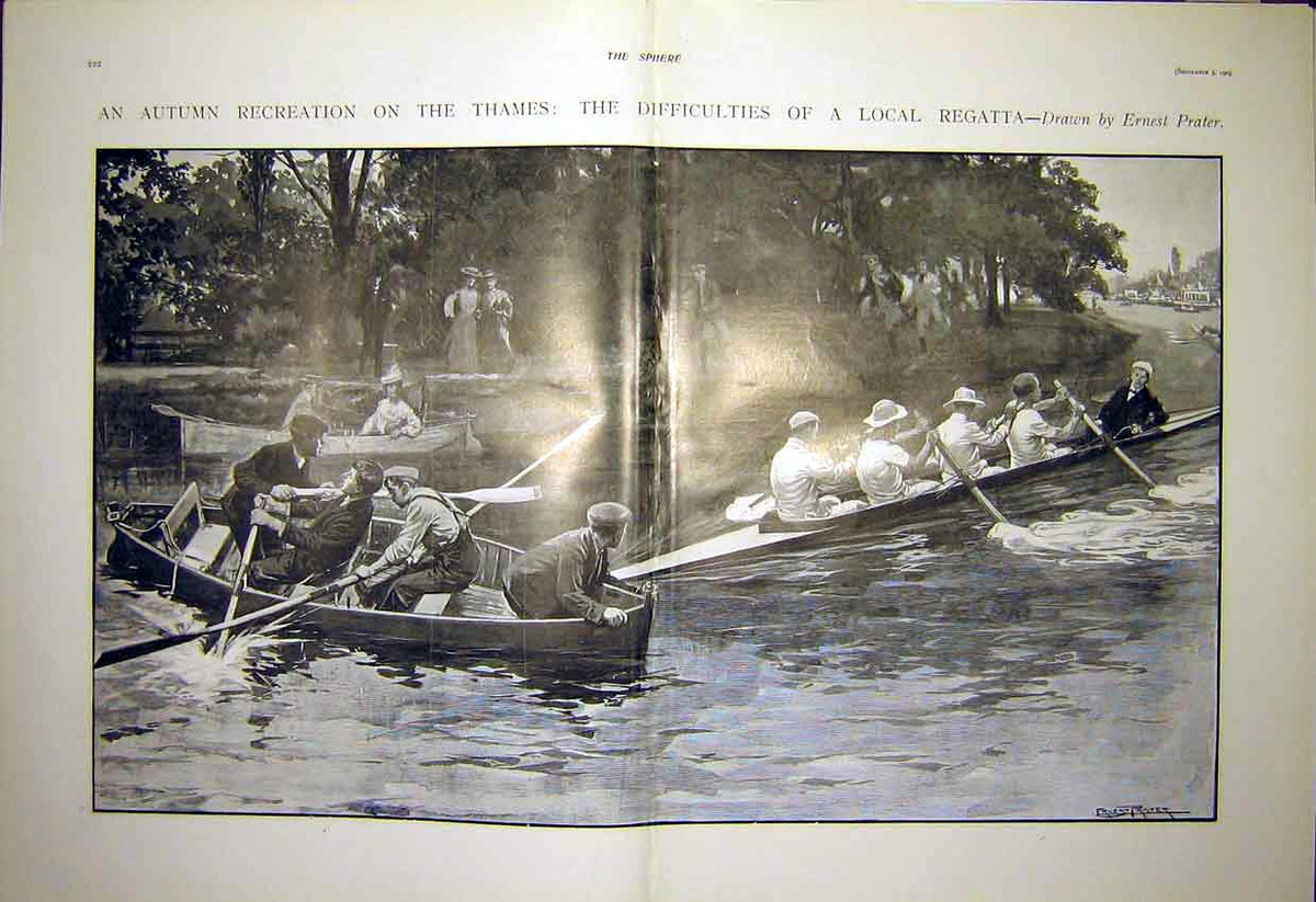Original Old Antique Print Thames Regatta Boat Prater River 1903 20th Century