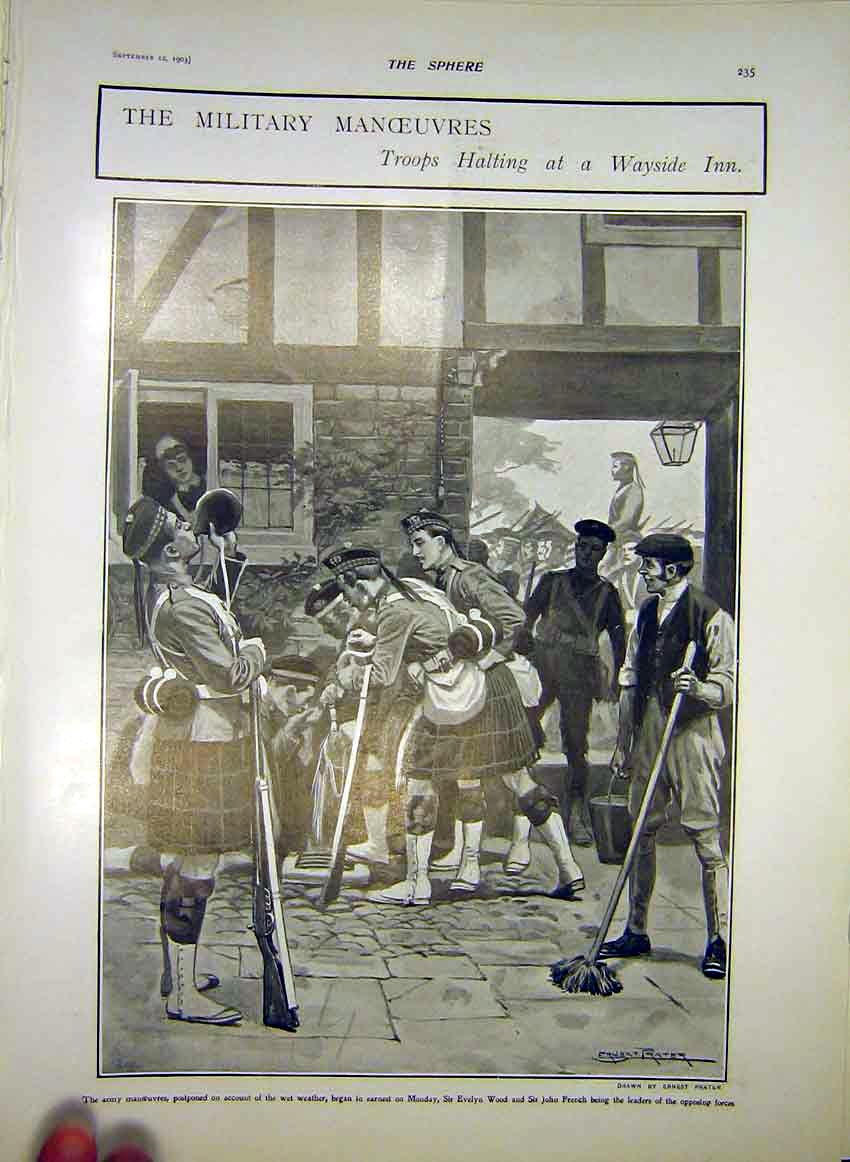 Original Old Antique Print Military Manoeuvres Troops Inn 1903 20th Century