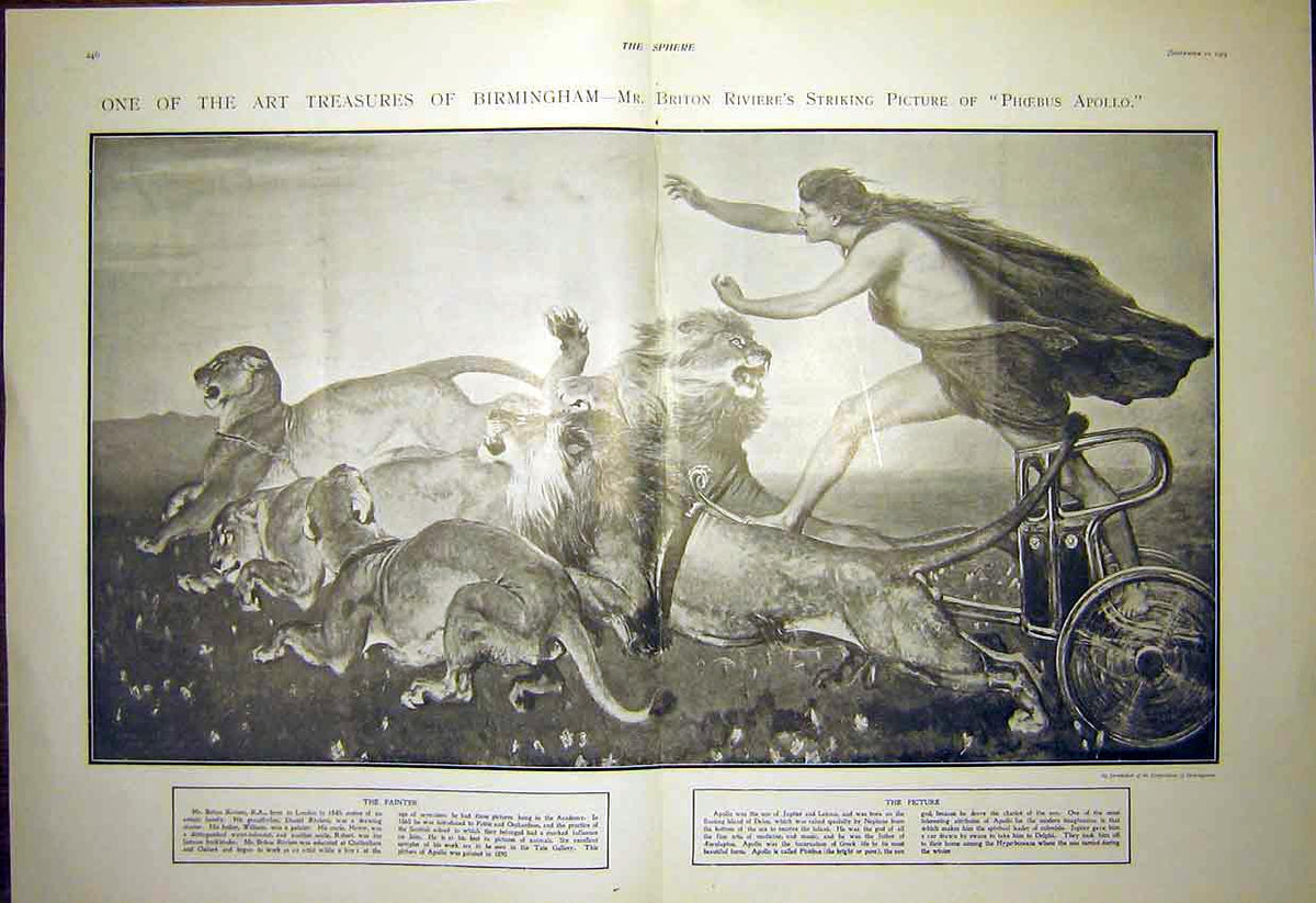 Original Old Antique Print Birmingham Riviere Phoebus Apollo Lion Fine Art 1903