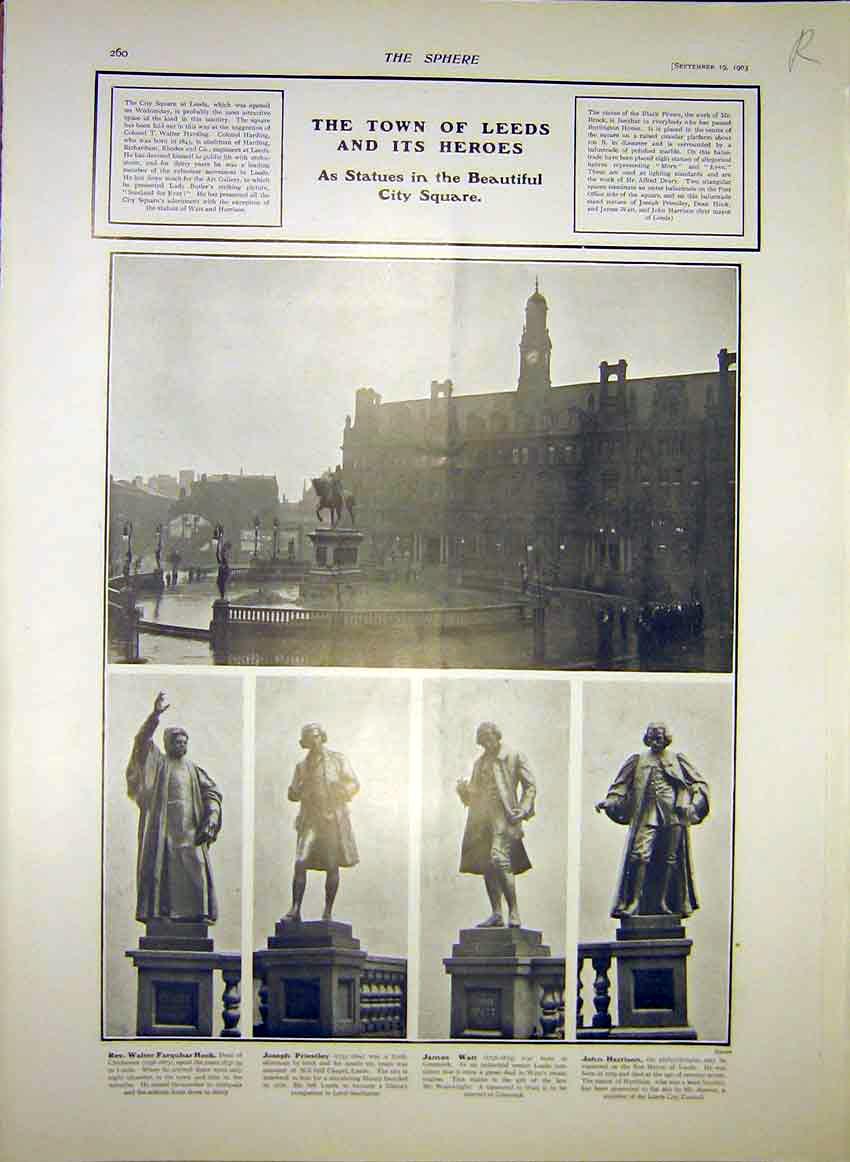 Original Old Antique Print Leeds Statue Gale English Channel Dover Garratt 1903