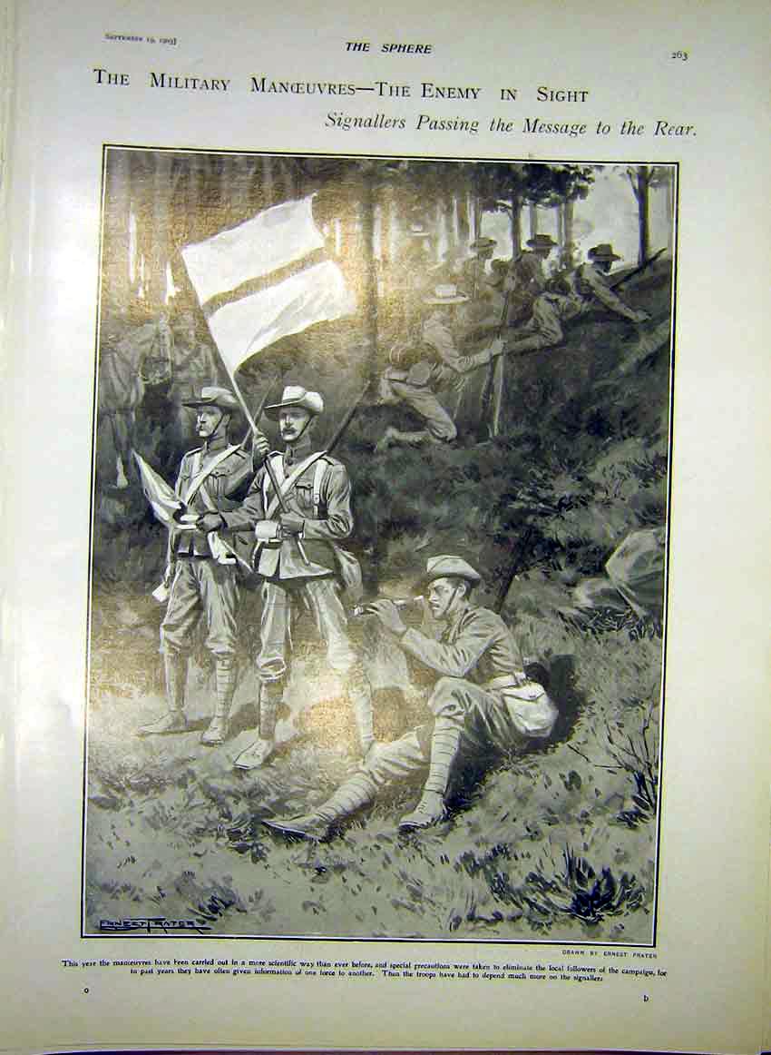 Original Old Antique Print Military Manoeuvres Signallers Troops 1903 20th