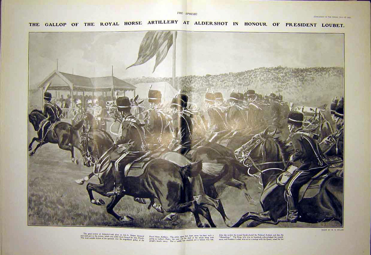 Original Old Antique Print Royal Horse Artillery Aldershot Loubet Gallop 1903