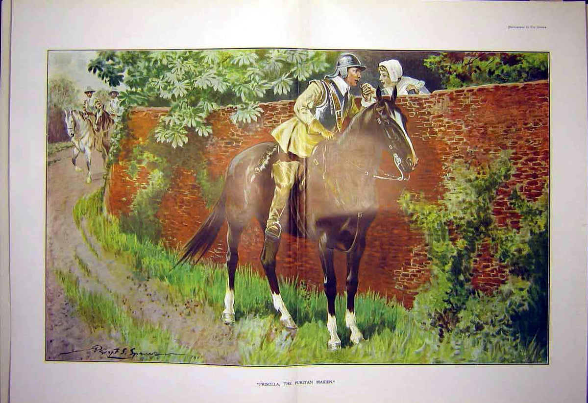 Original Old Antique Print Priscilla Puritan Maiden Fine Art 1903 Horse Lady