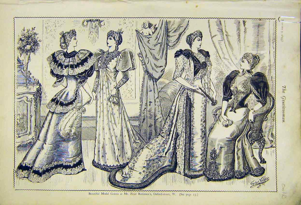 Old Antique Print Gowns Ladies Fashion Robinson Oxford Street London 1892 19th