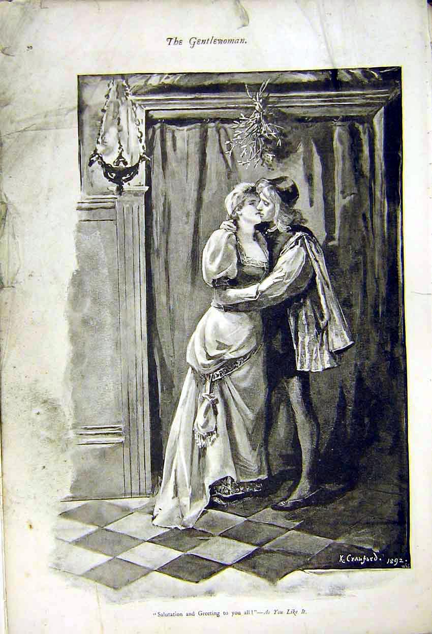 Original Old Antique Print Painting Crawford Salutation As You Like It 1892 19th