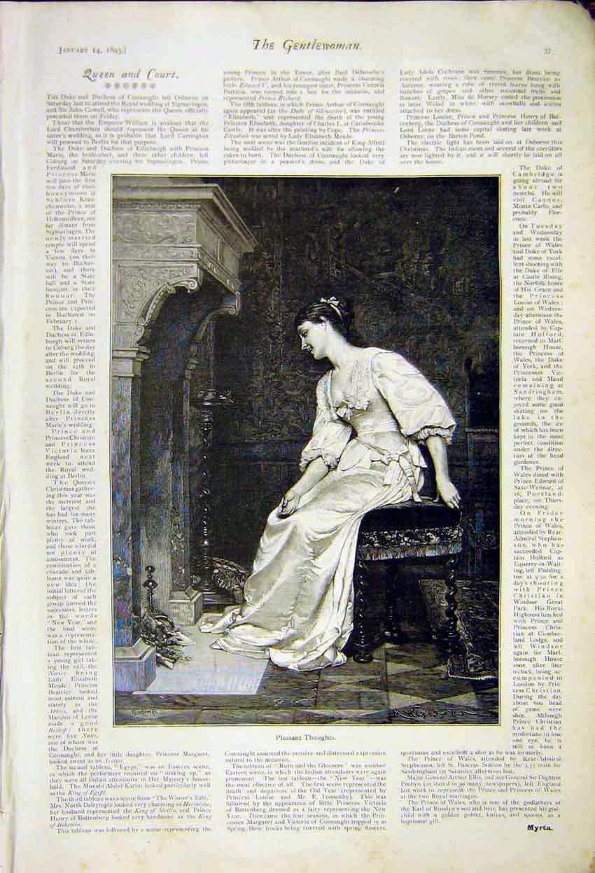 Old Antique Print Pleasant Thoughts Sketch Lady Fireside Queen Court 1892 19th