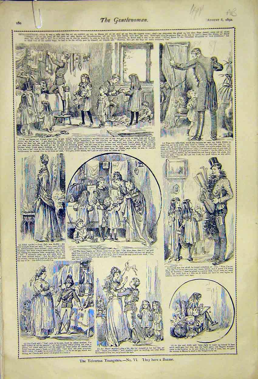 Original Old Antique Print Story-Book Sketches Yelverton Youngsters Bazaar 1892