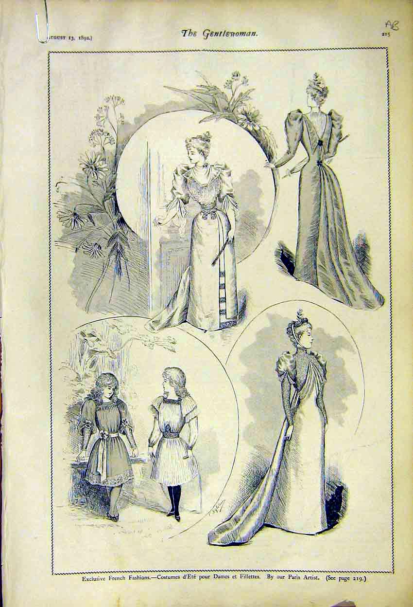 Original Old Antique Print French Fashion Paris Fillettes Ladies 1892 Victorian