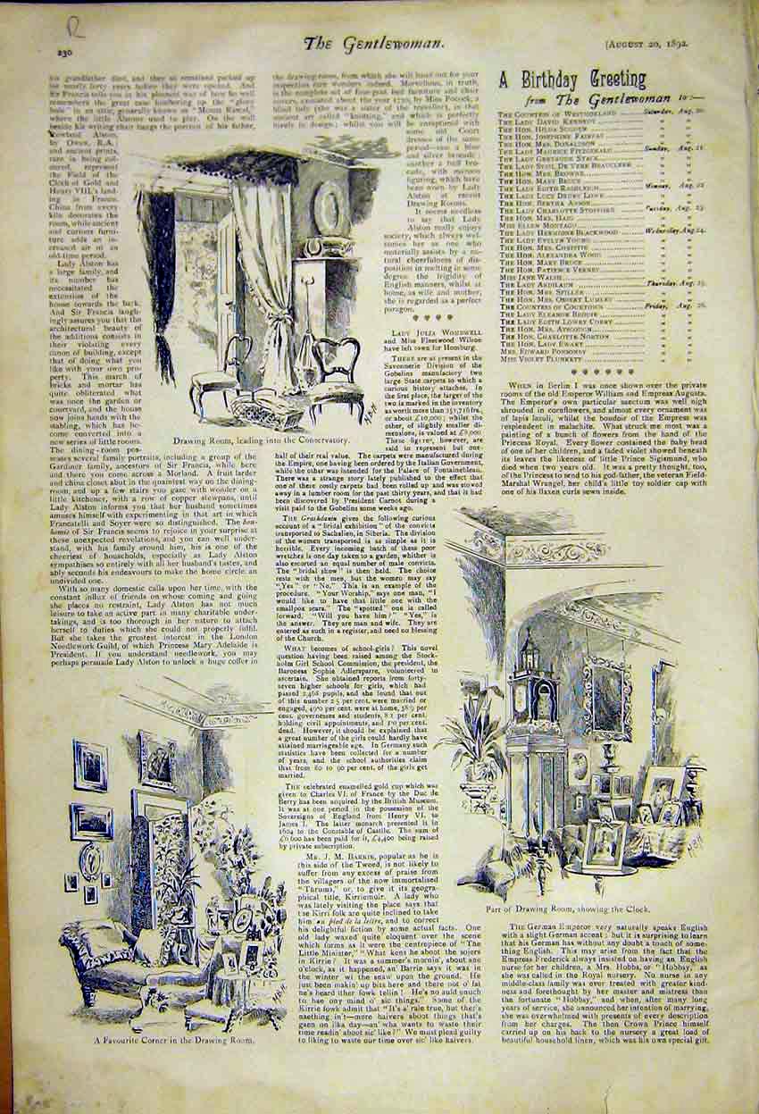 Original Old Antique Print Portrait Lady Alston Ecclestone Square London 1892