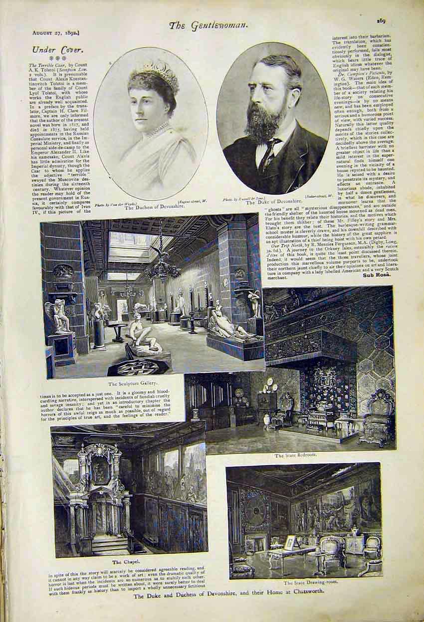 Old Antique Print Portrait Duchess Devonshire Duke Gallery Sculpture 1892 19th