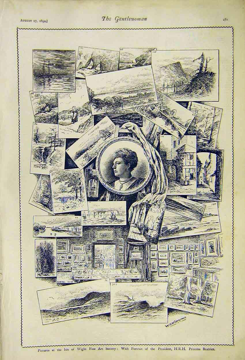 Original Old Antique Print Isle Whight Art Society President Beatrice Portrait