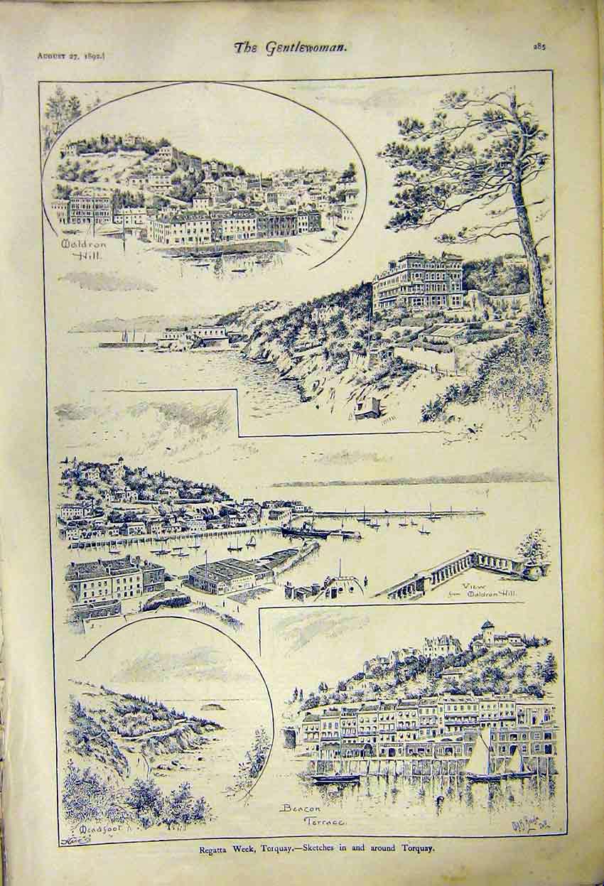 Original Old Antique Print Regatta Torquay Waldron Hill Beacon Terrace 1892 19th