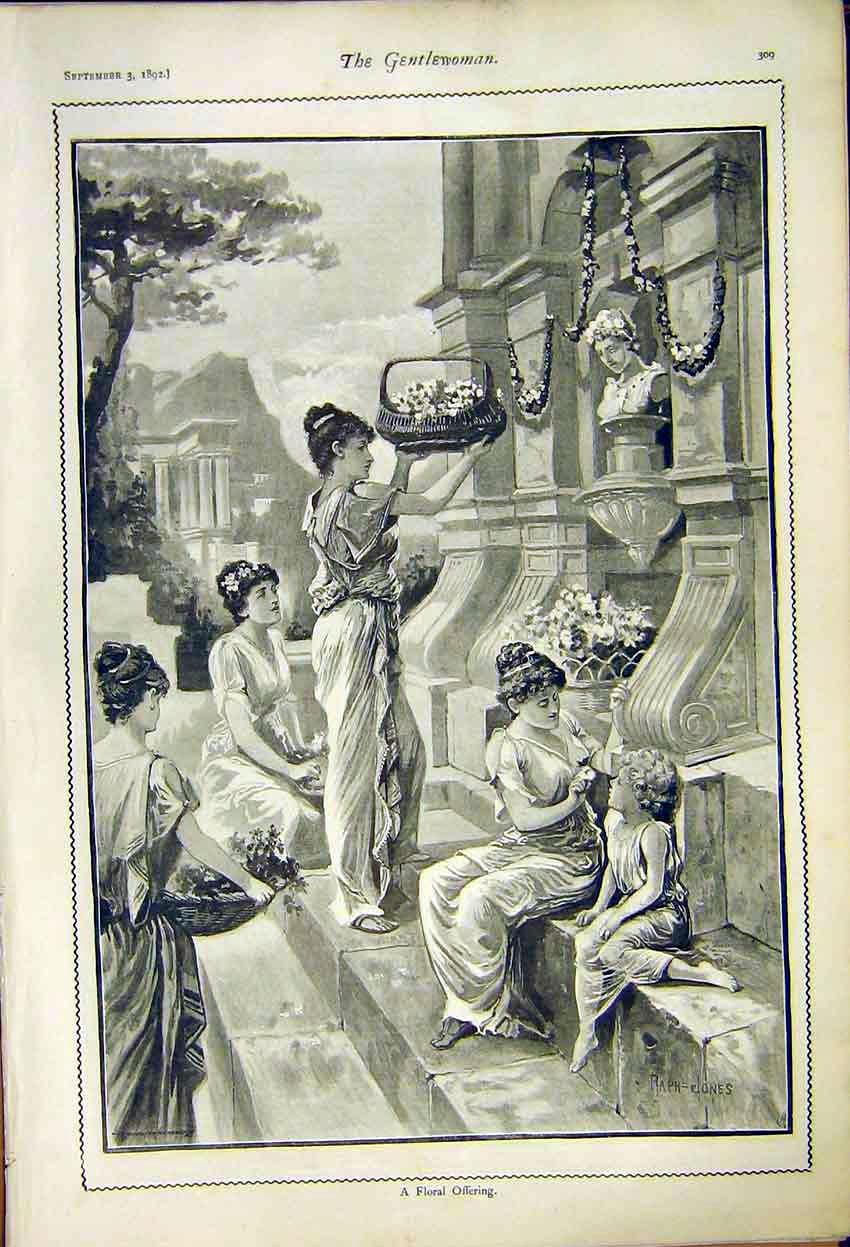 Old Antique Print Floral Offering Painting Jones Rome Greece Temple 1892 19th