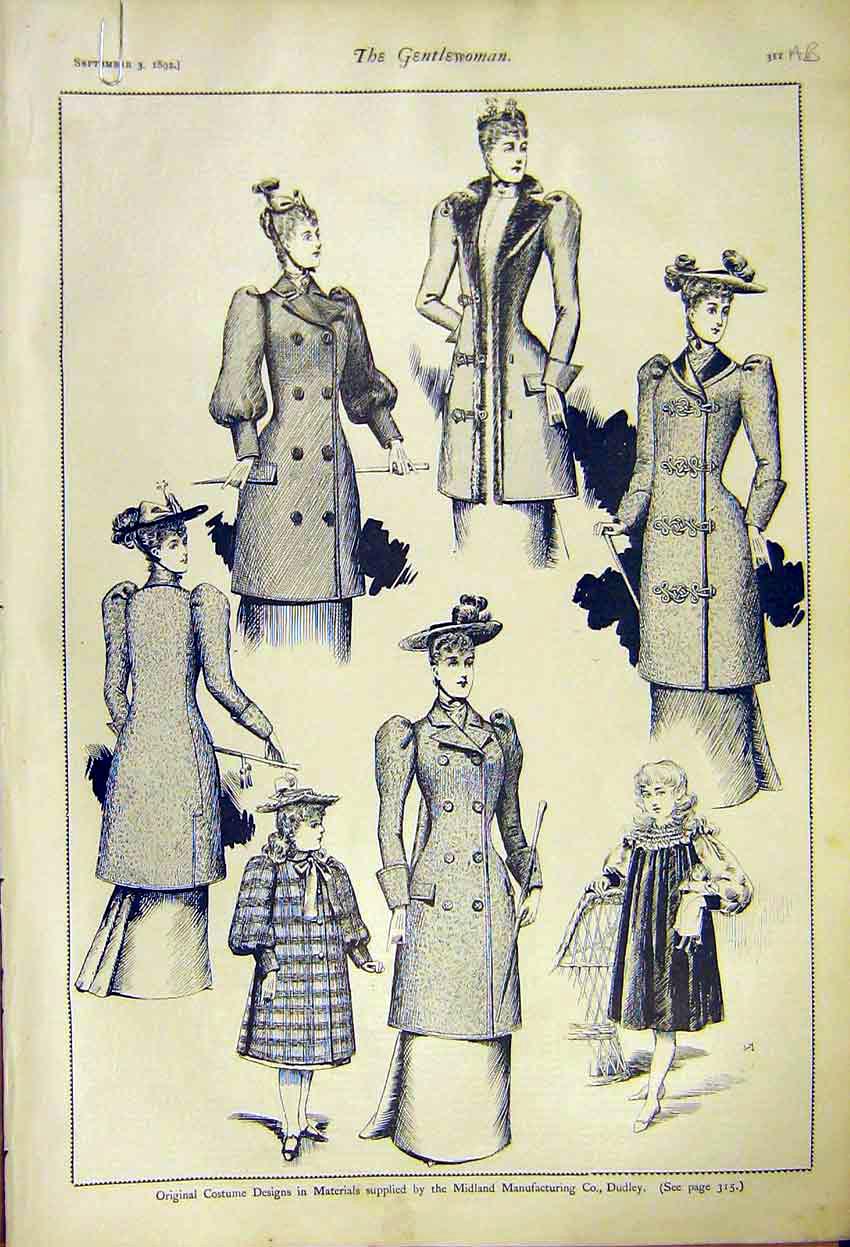 Old Antique Print Costume Designes Midland Manufacturing Ladies Fashion