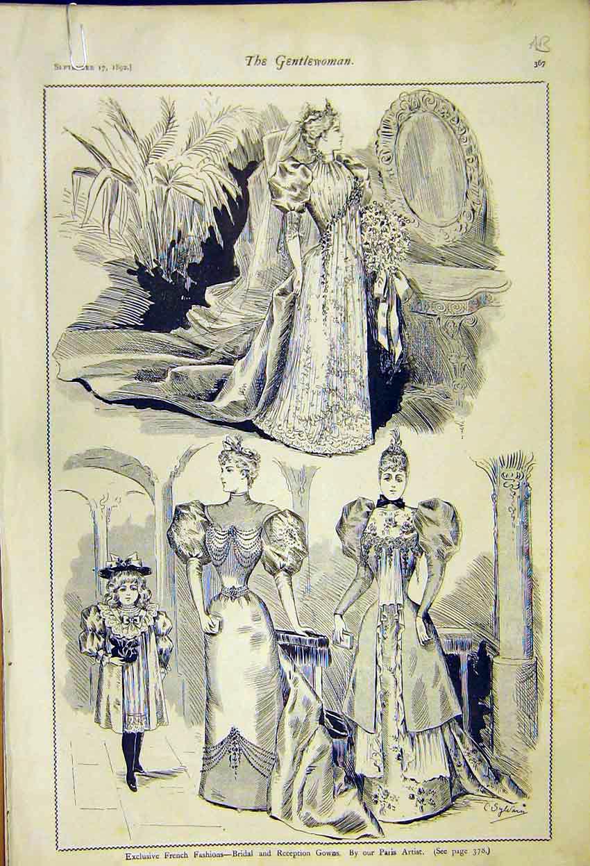 Original Old Antique Print French Ladies Fashion Reception Gowns Dinner Theatre