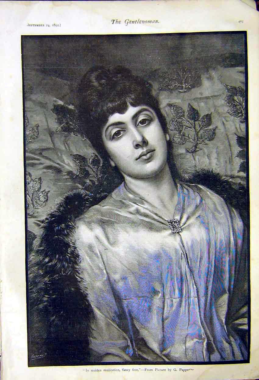 Old Antique Print In Maiden Meditation Fancy Free Picture Papperitz 1892 19th