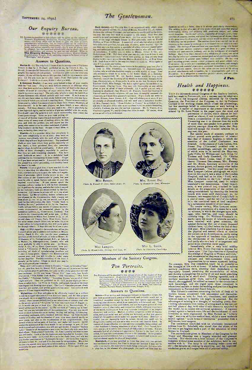 Original Old Antique Print Portrait Smith Barnett Lamport Day Sanitary Congress