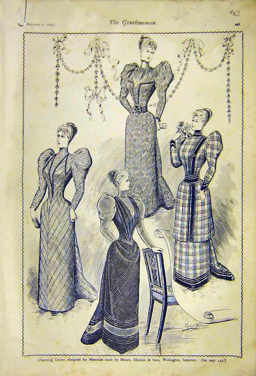 Old Antique Print Gowns Ladies Fashion Haddon Wellington Mantles Autumn
