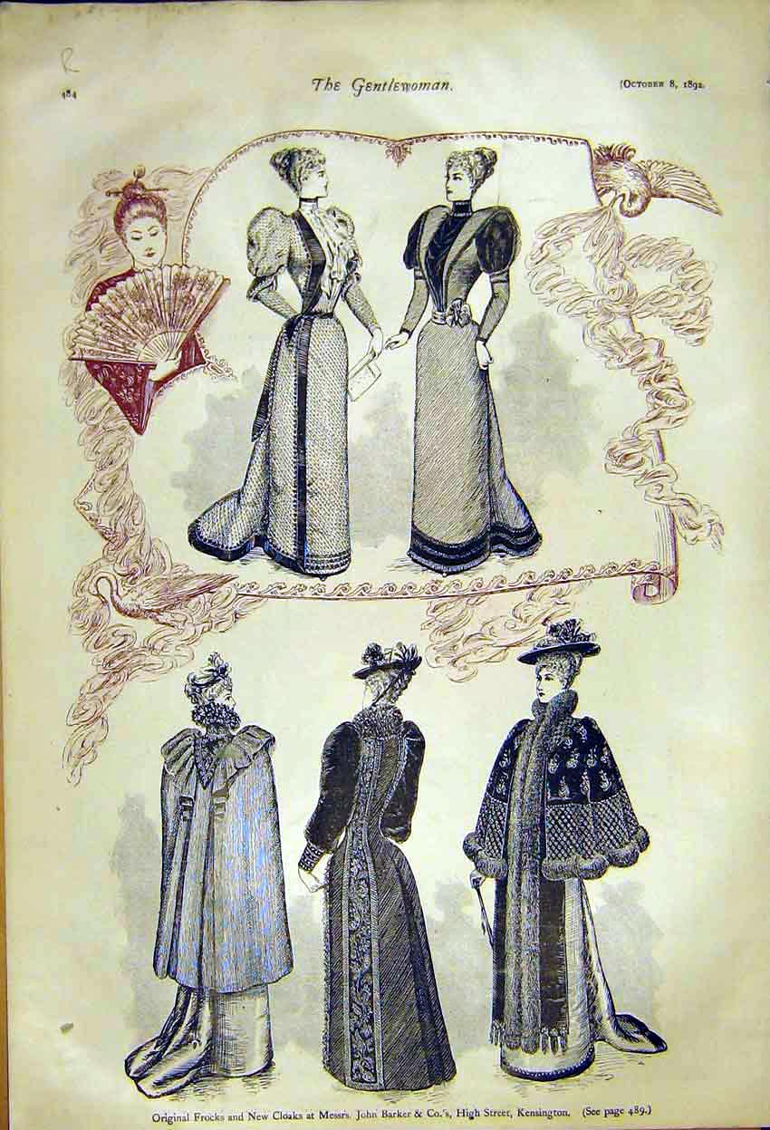 Old Antique Print Frocks Ladies Fashion Cloaks Barker Hats Nella'S 189248 19th