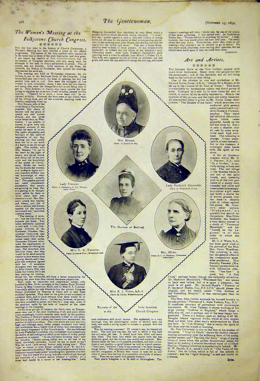 Original Old Antique Print Portraits Lady Speakers Church Congress 1892 19th