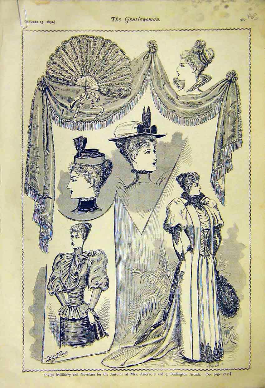 Original Old Antique Print Millinery Novelties Ladies Fashion Burlington Arcade