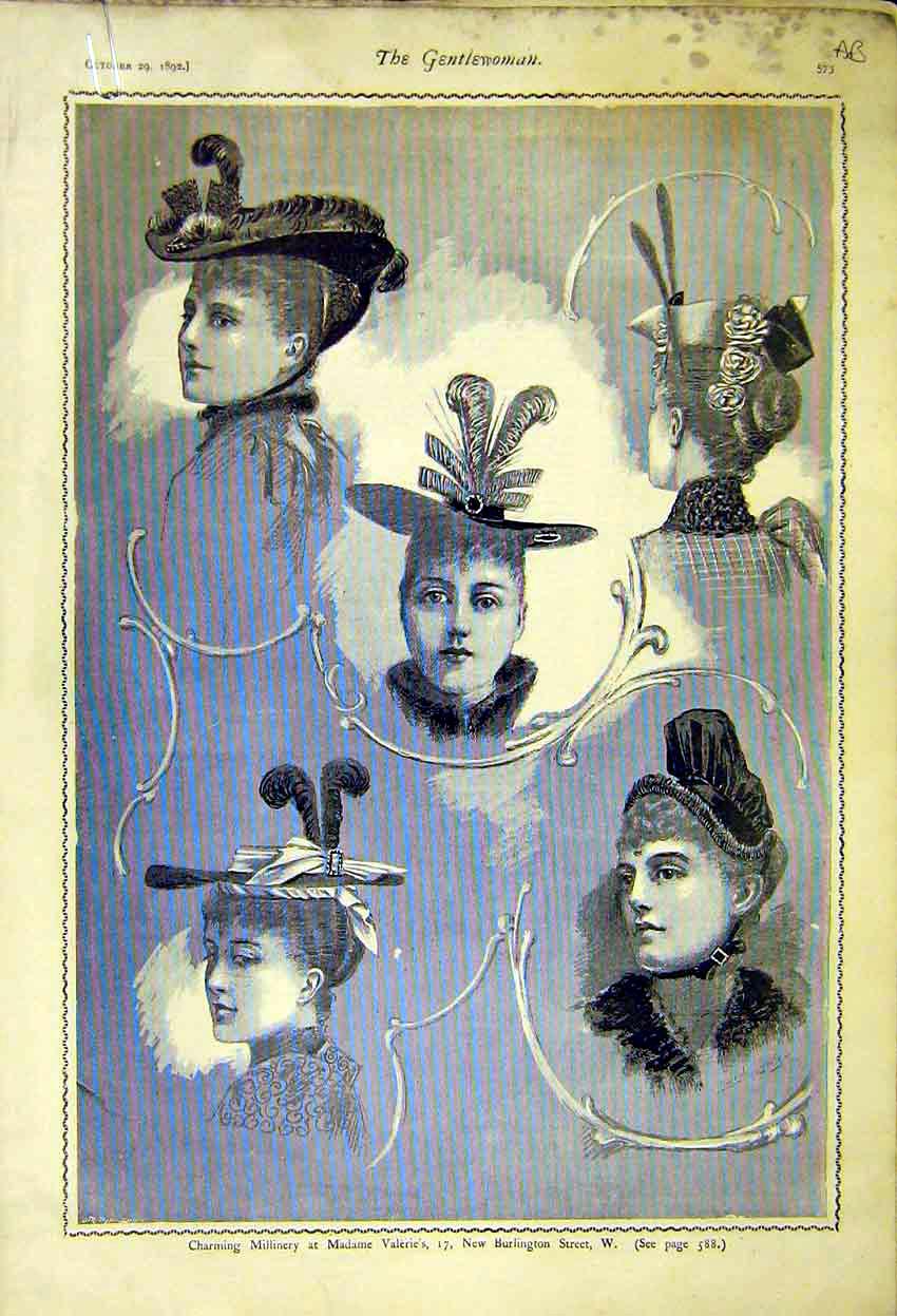 Original Old Antique Print Millinery Madame Valeries Gowns Ladies Fashion Pitts