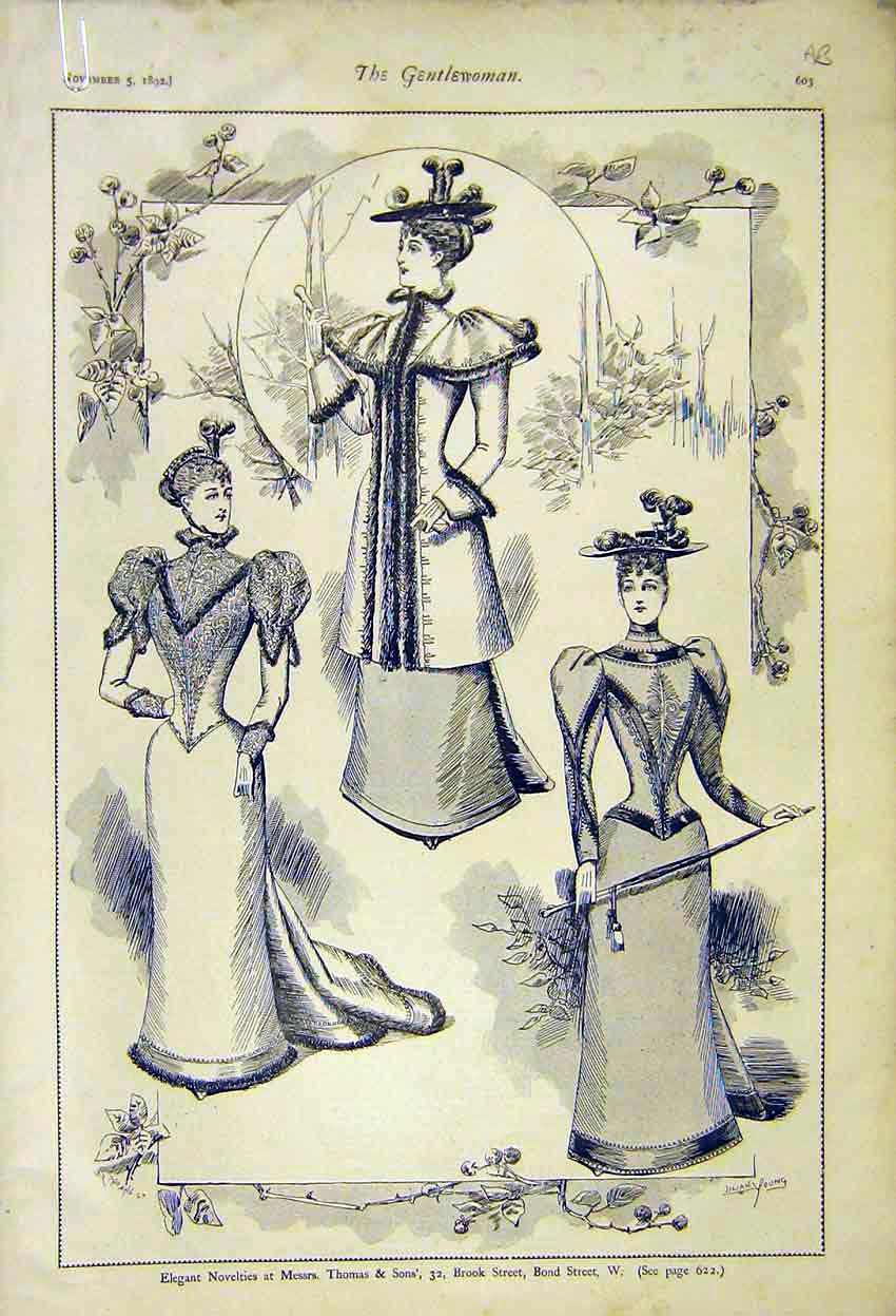 Original Old Antique Print Ladies Fashion Gowns Thomas Son Novelties Millinery