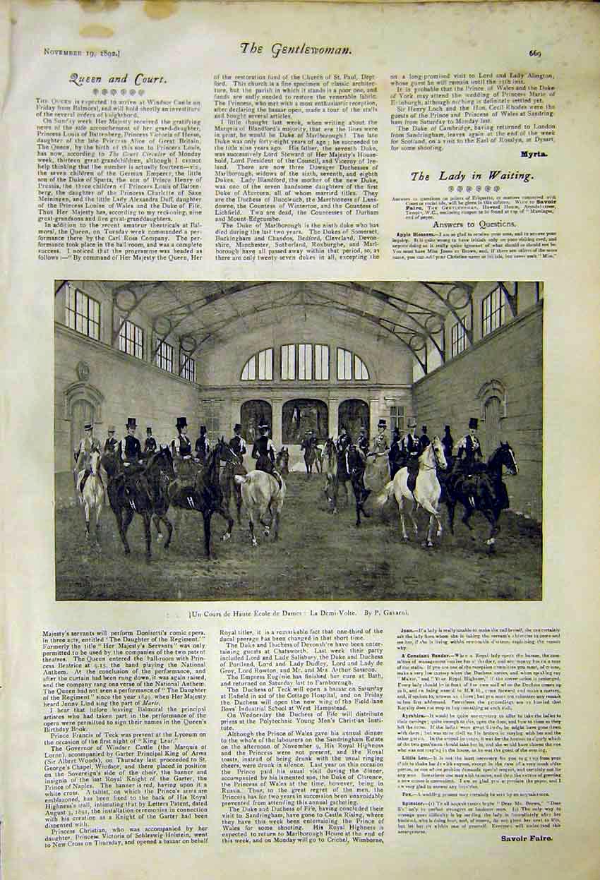 Original Old Antique Print Queen Court Horse News Royal 1892 19th