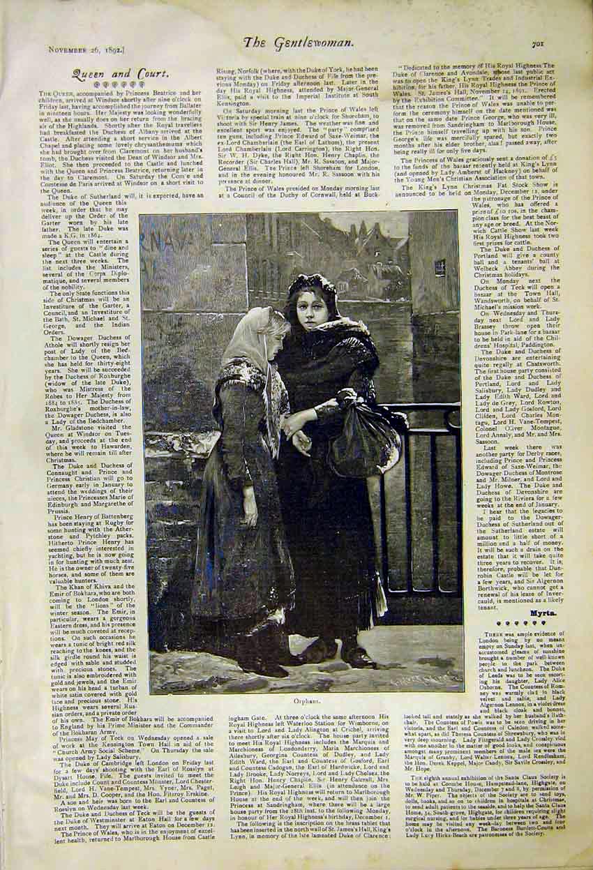 Original Old Antique Print Painting Orphans Queen Court News 1892 19th
