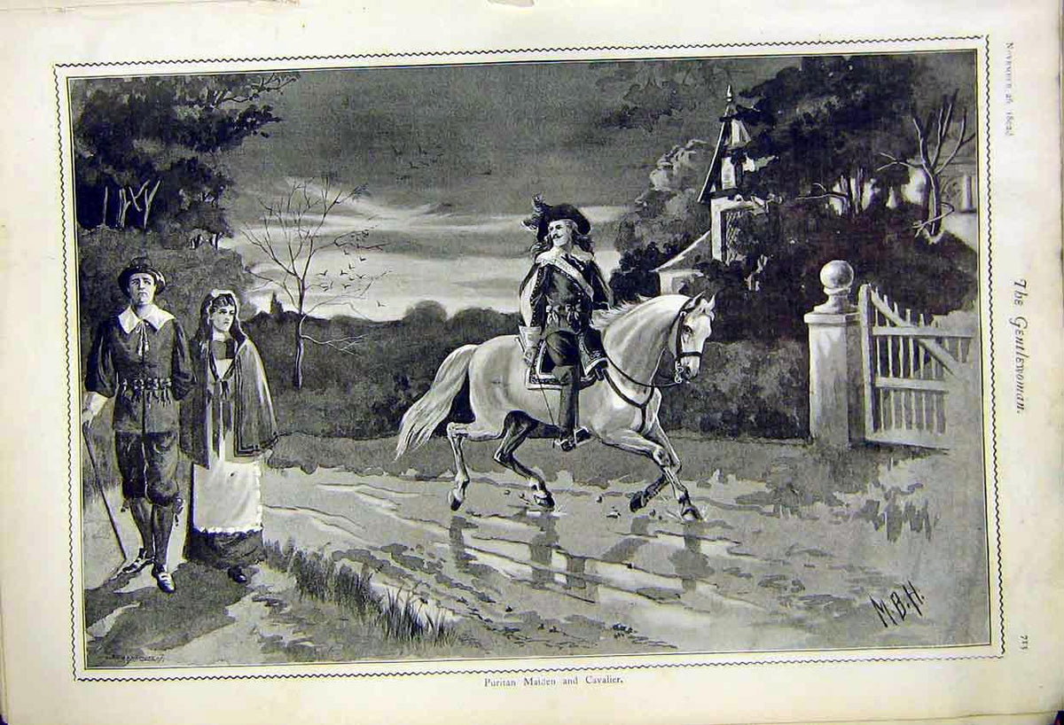Original Old Antique Print Puritin Maiden And Cavalier Painting Mbh 1892 19th
