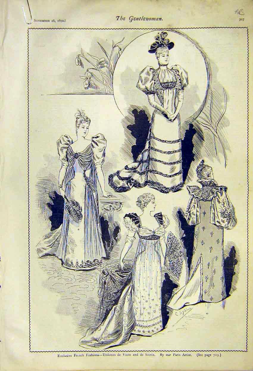 Old Antique Print French Ladies Fashion Gowns Soiree Toilettes Fancy 1892 19th