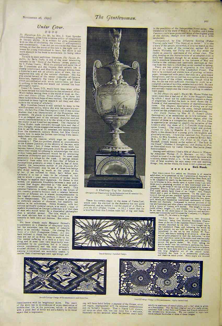 Original Old Antique Print Challenge Cup Australia Stencil Cuttings 1892 19th