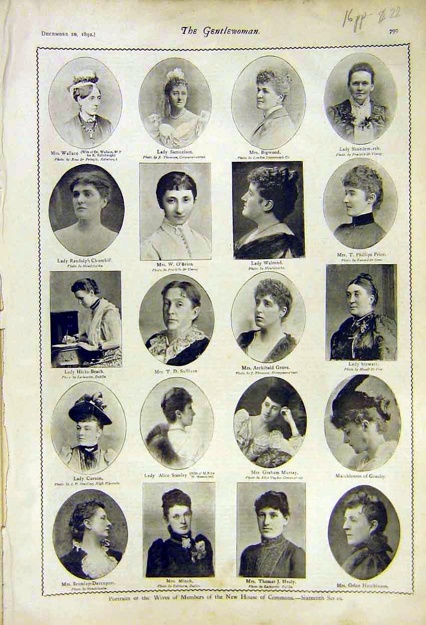 Original Old Antique Print Portraits Wives Mp Commons Members 1892 Victorian