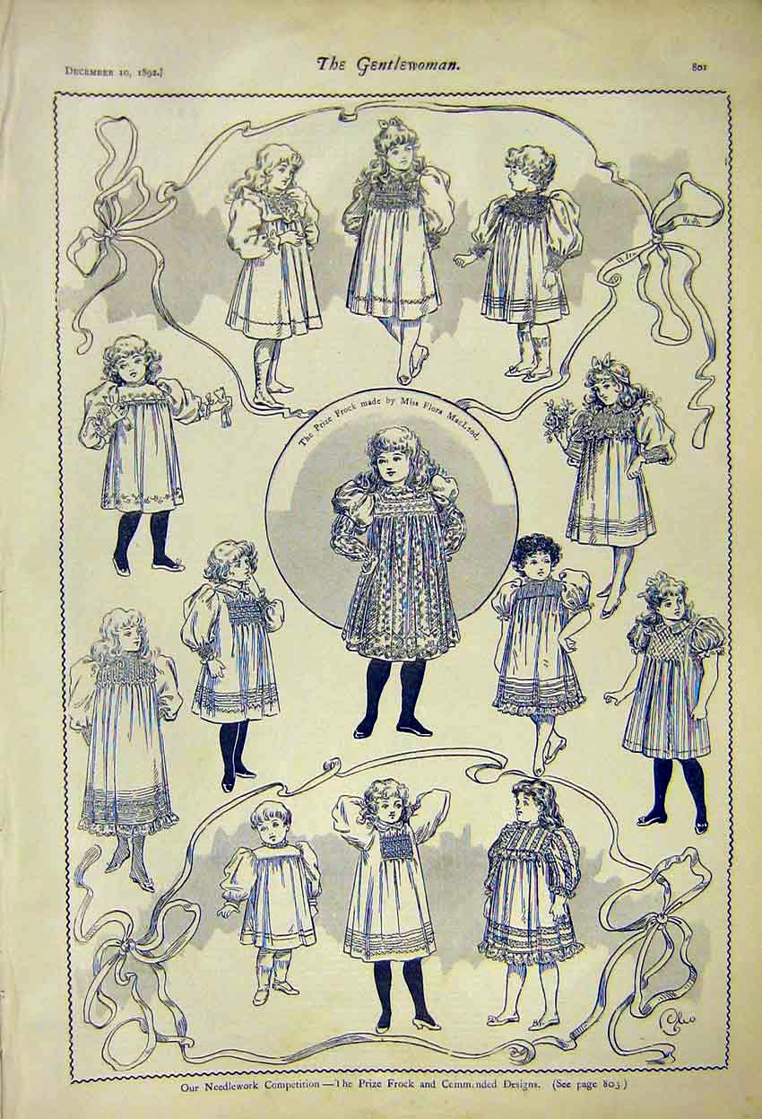 Original Old Antique Print Children Clothing Needlework Competition Frock 1892