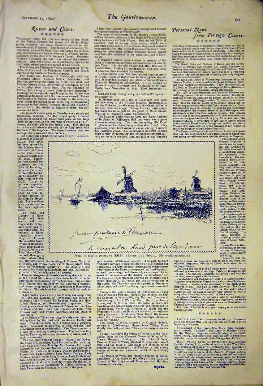 Original Old Antique Print Etching Hrh Comtesse De Flandre Court News 1892 19th