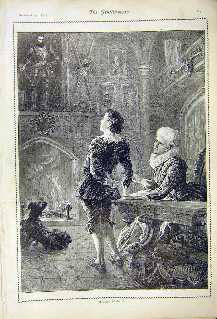 Original Old Antique Print Story The Past Painting 1892 19th Century
