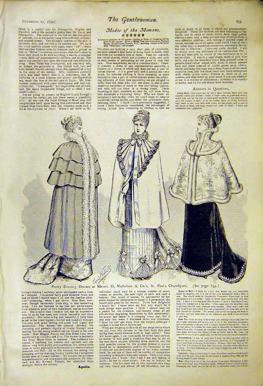 Original Old Antique Print Ladies Fashion Nicholson St Pauls Evening Dress 1892