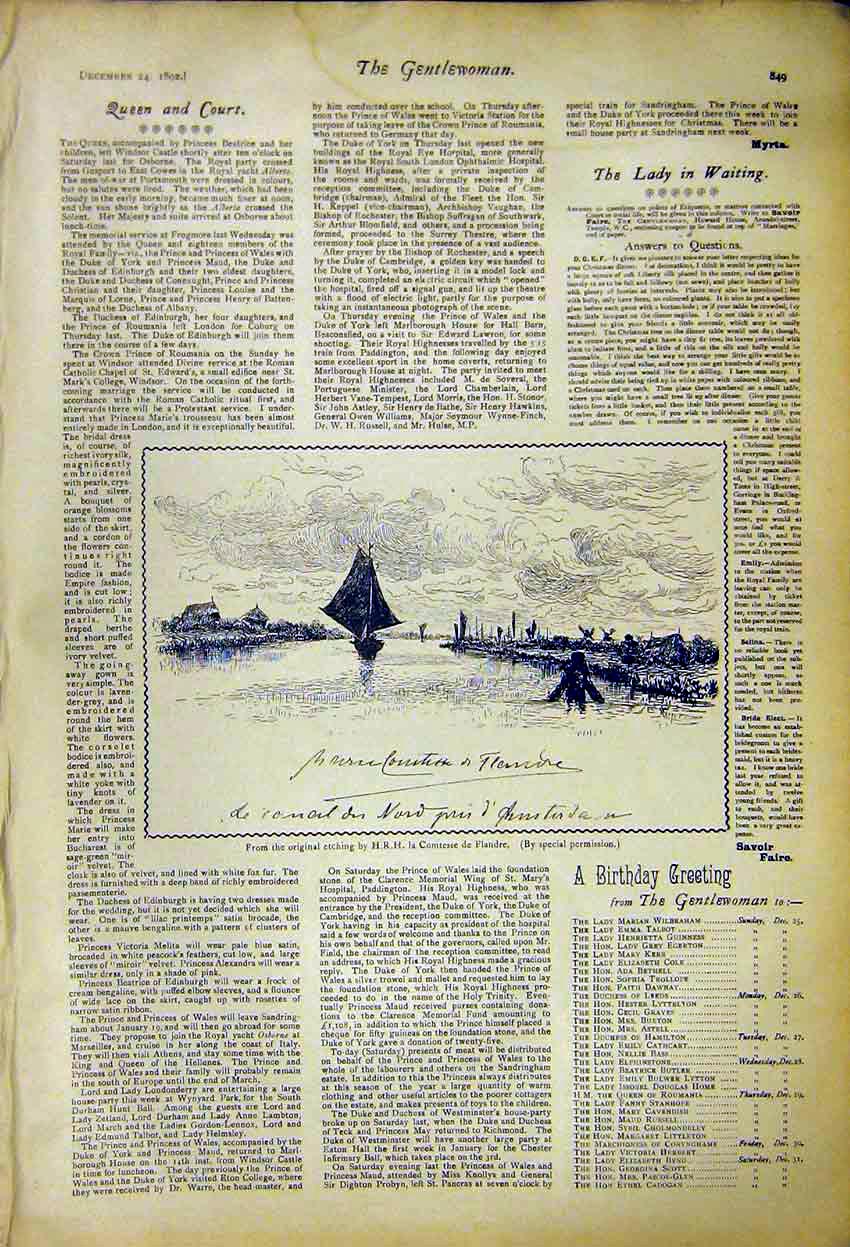 Original Old Antique Print Etching Contesse De Flandre Queen Court News 1892