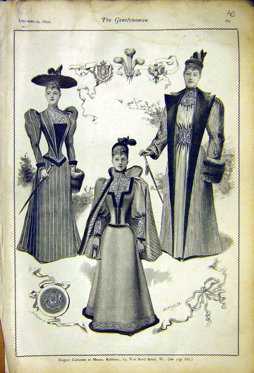 Original Old Antique Print Costumes Ladies Fashion Redferns Lady Brookes 1892