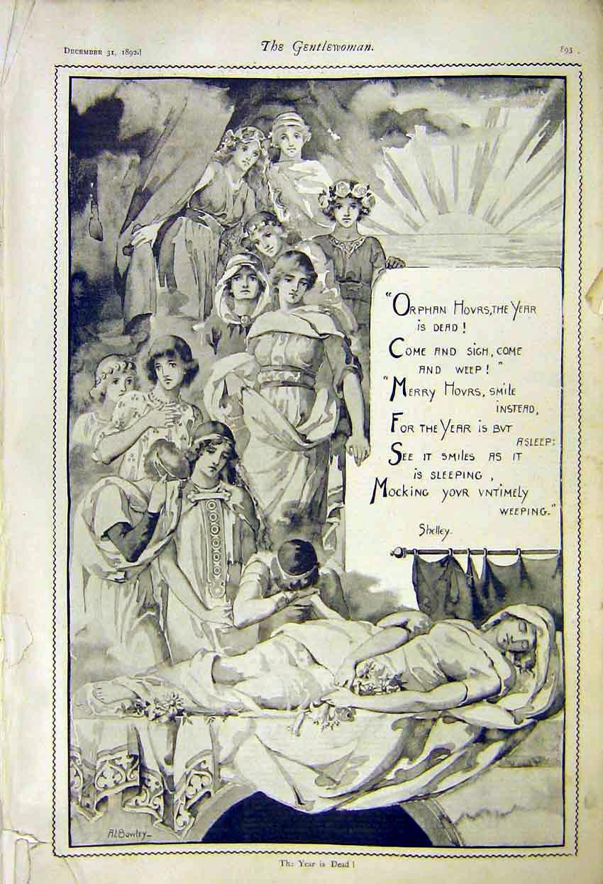 Original Old Antique Print Bowley Sketch The Year Dead Poem Shelley 1892 19th